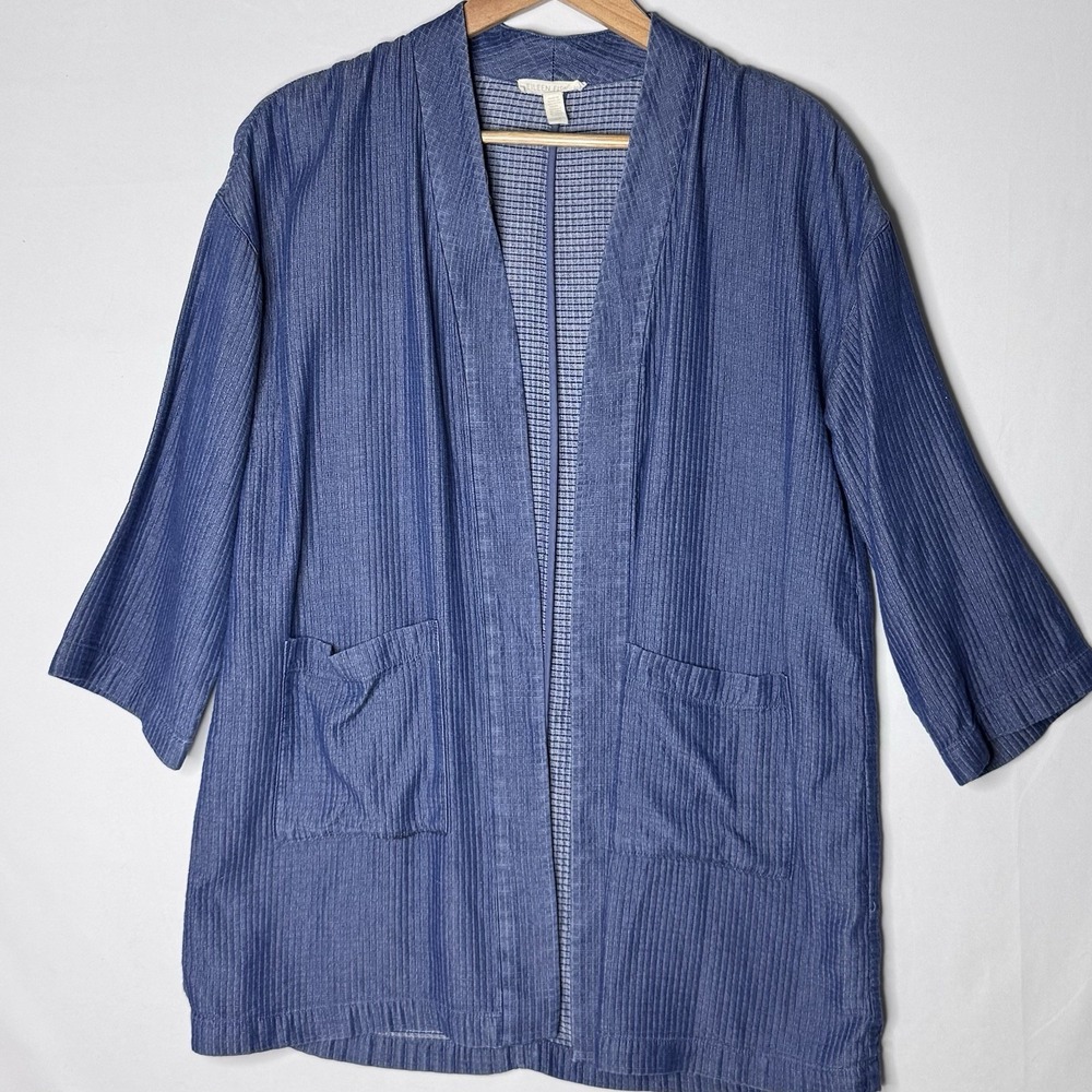 Eileen Fisher Jacket‎ Sz S Drapey Tencel Soft Grid Open Cardigan 3/4 Slv Pockets